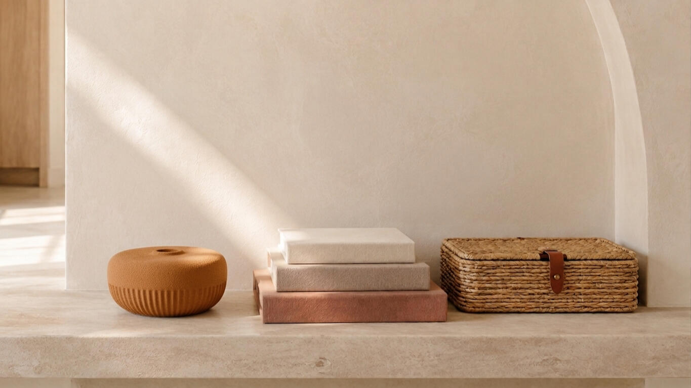 TEO home décor collection featuring a ceramic vase, decorative books, and woven storage